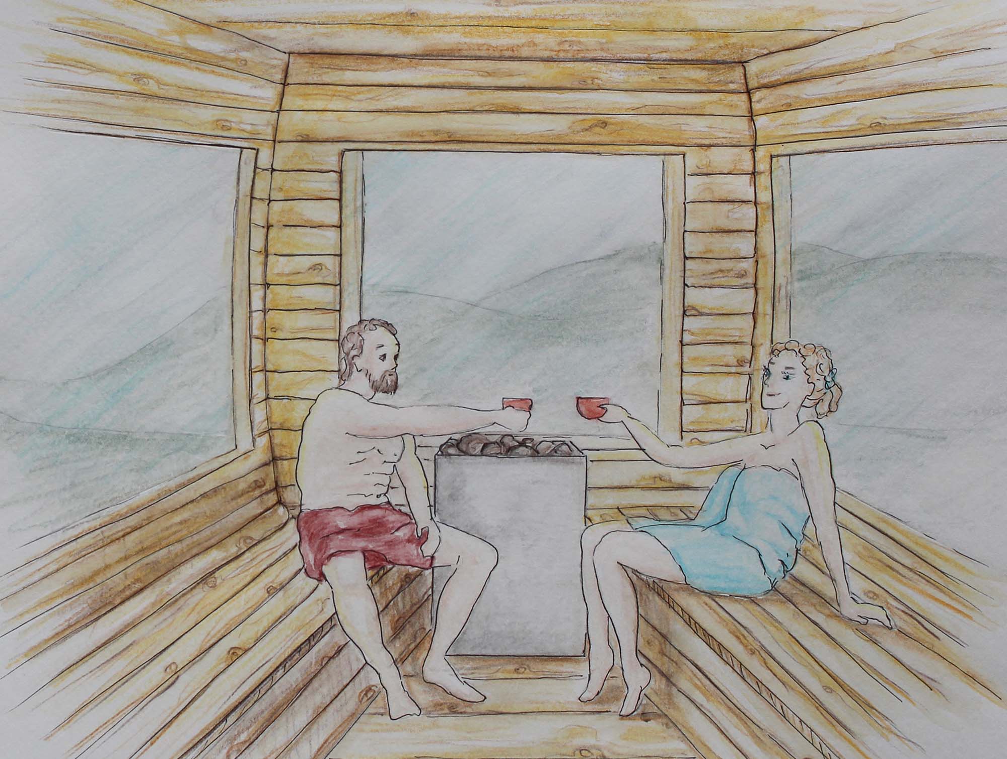 Zeichnung Sauna von innen aus Zirbenholz mit Mann und Frau